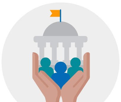 Illustration of the Searle Starter, a community-focused device, held in hands with a government building and flag in the background, emphasizing innovation and civic engagement.